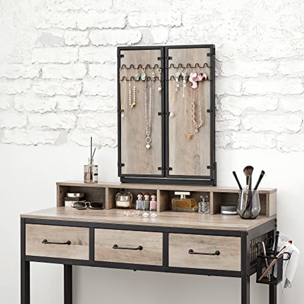 VASAGLE Toiletbord med polstret skammel, tredobbelt spejl, 3 skuffer, grå og sort