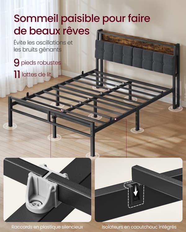 Sengeramme 140 x 190 cm med 2 skuffer, LED-belysning og ladestation