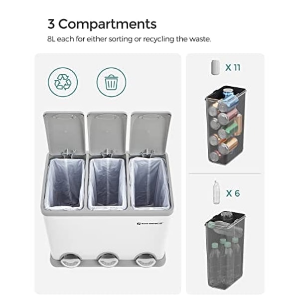 Songmics Pedalspand, 3 x 8L affaldssortering, 3-fags metalaffaldsspand, stål, hvid og grå