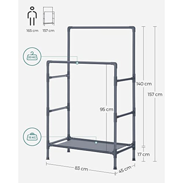 Songmics klädställ, metallställ med 2 hängskenor och förvaringshylla, grå