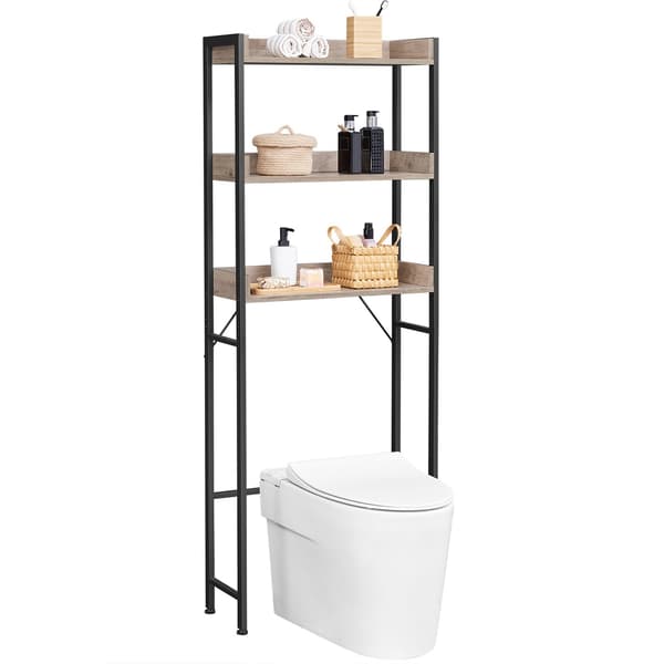 Toiletthylde, Badeværelseshylde, Vaskemaskinehylde med 3 åbne hylder, Grå-Sort