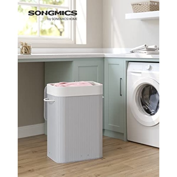 Songmics rektangulær vasketøjskurv, bambus vasketøj med 3 håndtag, 40 x 30 x 60 cm, grå