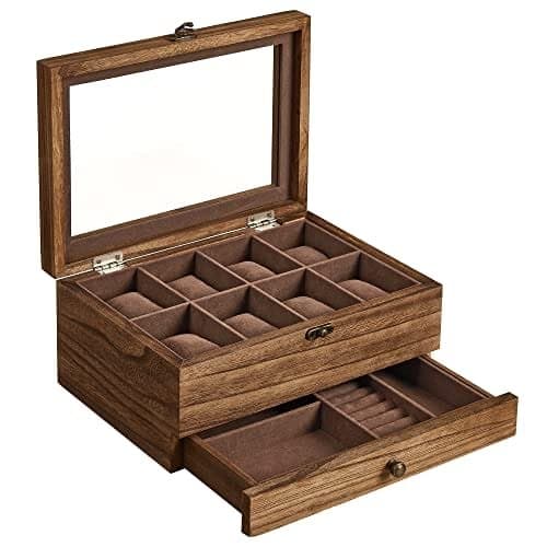 Watchbox Klockbox för 8 Klockor – 2-Nivåer Trälåda med Stort Glaslock, Sammetsfoder & Klockkuddar