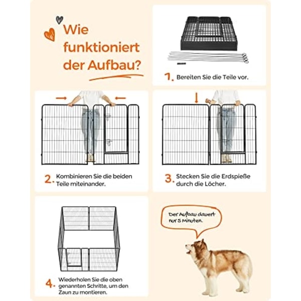 Feandrea 8-panels legeplads til kæledyr, kraftig hundegård, 77 x 100 cm, sort