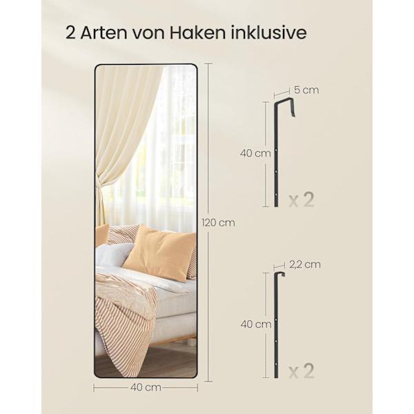 Helkroppsspegel 120x40cm Rektangulär Väggspegel Dörrmonterad, Bläcksvart