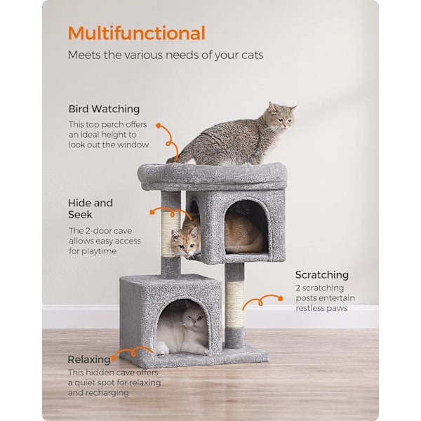 Feandrea kissapuu, 74 cm kissatorni, Cat Condo keskikokoisille kissoille jopa 5 kg, vaaleanharmaa