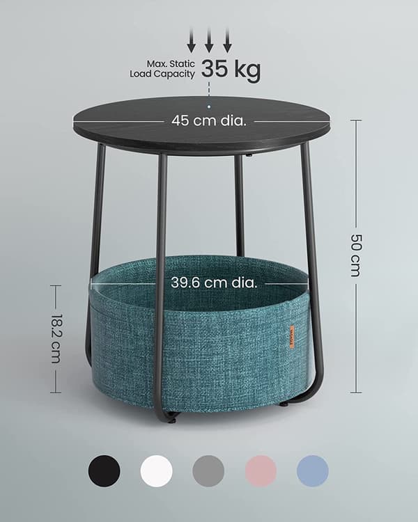 Vasagle sidebord, rundt sidebord med stofkurv, rummeligt, trækorn og mørk turkis