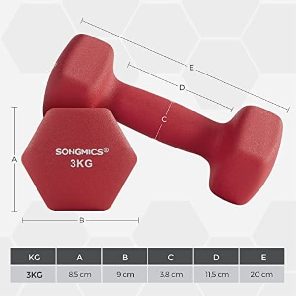 Songmics 2 käsipainoa, 2 x 3 kg liukumattomat neopreenkäsipainot mattapinnalla, punainen