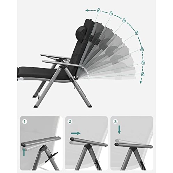 SONGMICS Hopfällbar solstol, solsäng med 6 cm madrass, rostfri aluminium, svart