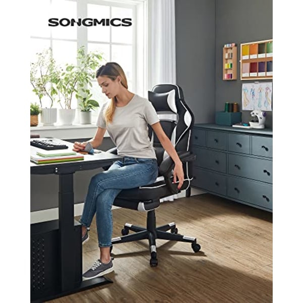 Songmics Racing Gaming Chair, justerbar kontorstol med fodstøtte, nakkestøtte, lændestøtte, sort og hvid