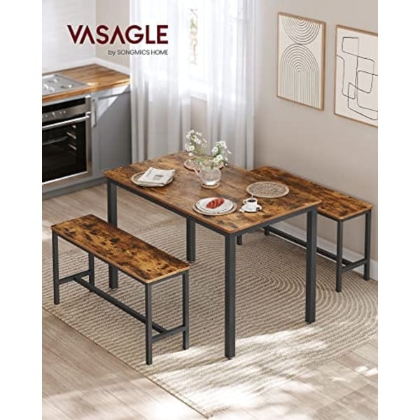 Vasagle ruokapöytä 2 penkillä, 3 osainen setti, keittiöpöytä, rustiikki ruskea ja musta