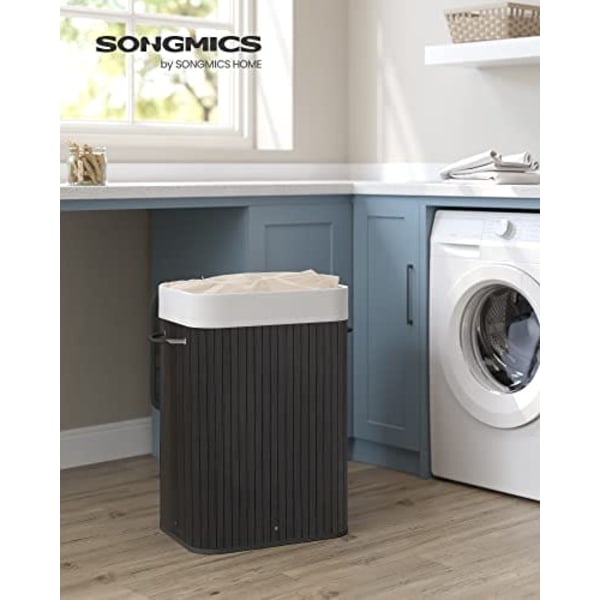 Songmics bambus vasketøjskurv, 72L sammenklappelig vasketøjskurv, rektangulær 40 x 30 x 60 cm, sort