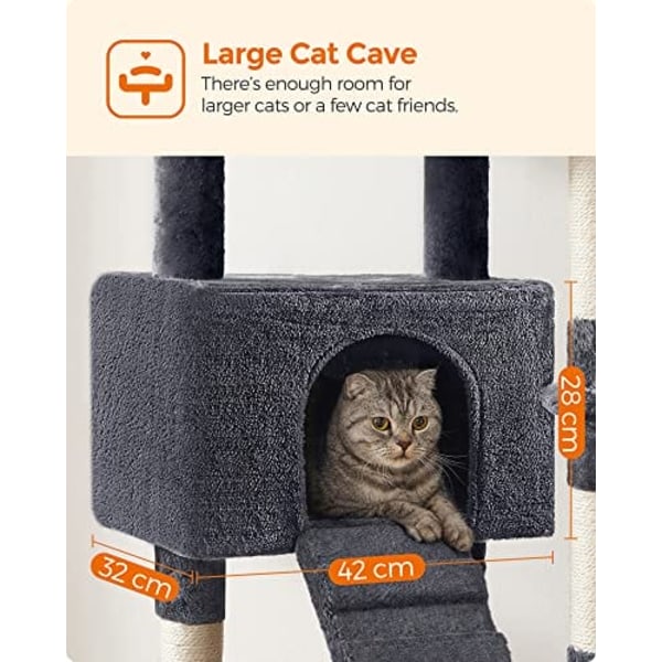 Feandrea Cat Tree, Cat Tower 142 cm, Cat Activity Center, Smoky Grey