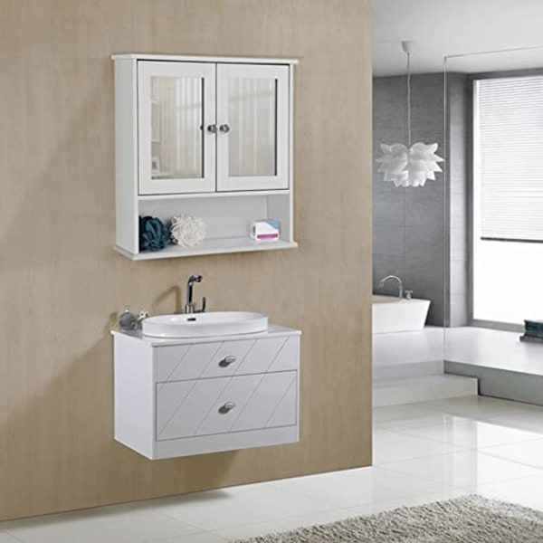 Vasagle kaksinkertaiset peiliovet kylpyhuonekaappi, seinäkaappi, säilytyskaappi, valkoinen