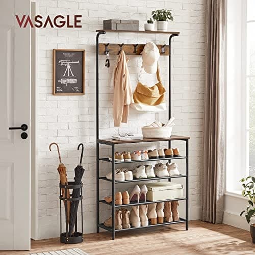 Vasagle Coat Rack Stand, Hall Tree With Shoe Storage, 5 Tier Shoe Rack, rustikbrun och svart