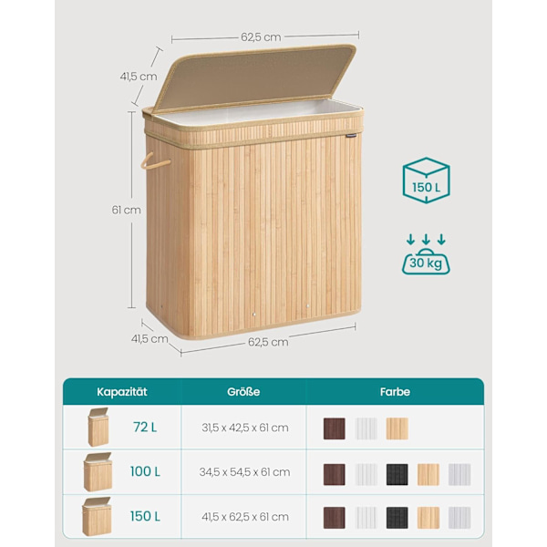 Pyykkikori bambusta kahvoilla, 150 L, luonnonbeige