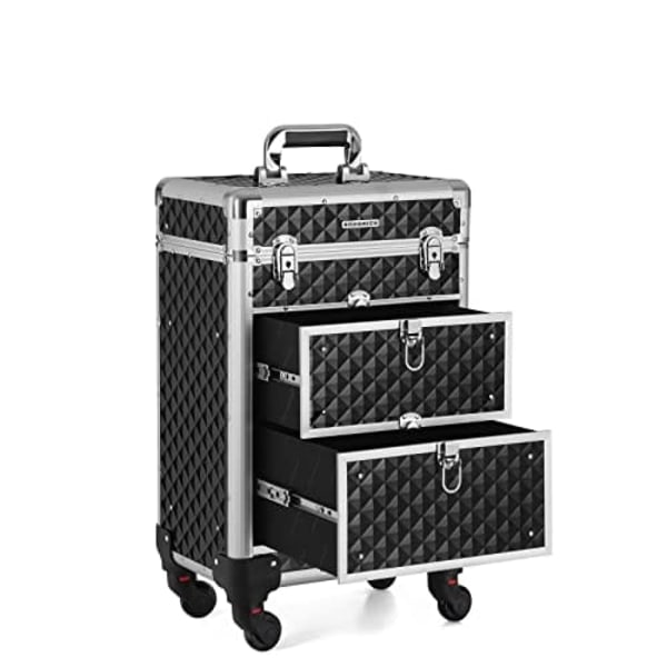 SONGMICS Låsbart makeup-etui, Rolling Cosmetics Beauty Trolley Box, Sort