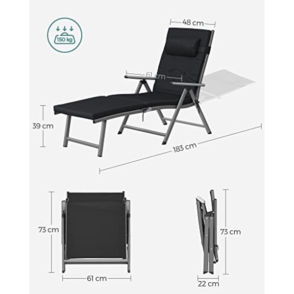 SONGMICS Hopfällbar solstol, solsäng med 6 cm madrass, rostfri aluminium, svart