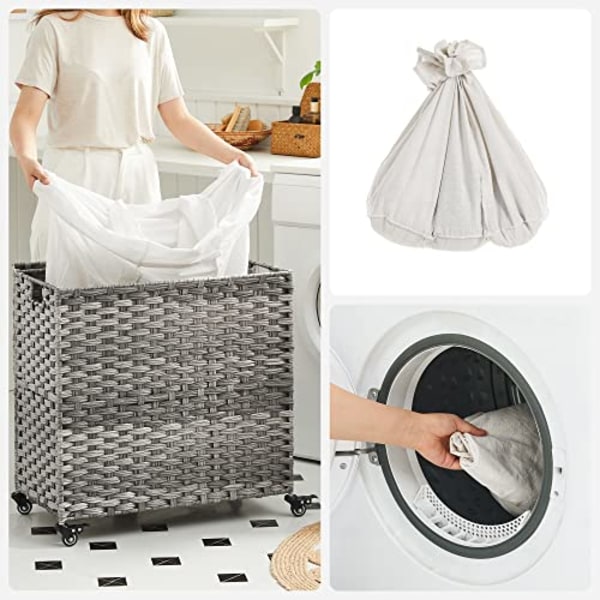 Songmics Tvättkorg, handvävd tvätthamare, 140L rotting-stil med 3 fack, grå