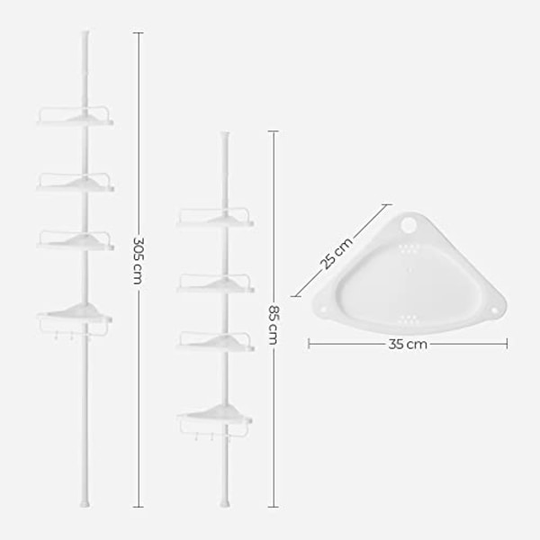 Songmics Justerbar badeværelseshjørnehylde, teleskopisk bruser, 85-305 cm, gulv til loft, hvid