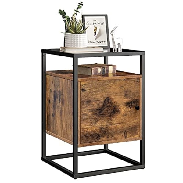 Vasagle natbord, sengebord, glas sidebord med skab, rustik brun