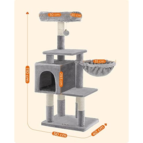 Feandrea Multilevel Cat Tree, 110 cm katttorn, kattlägenhet, ljusgrå