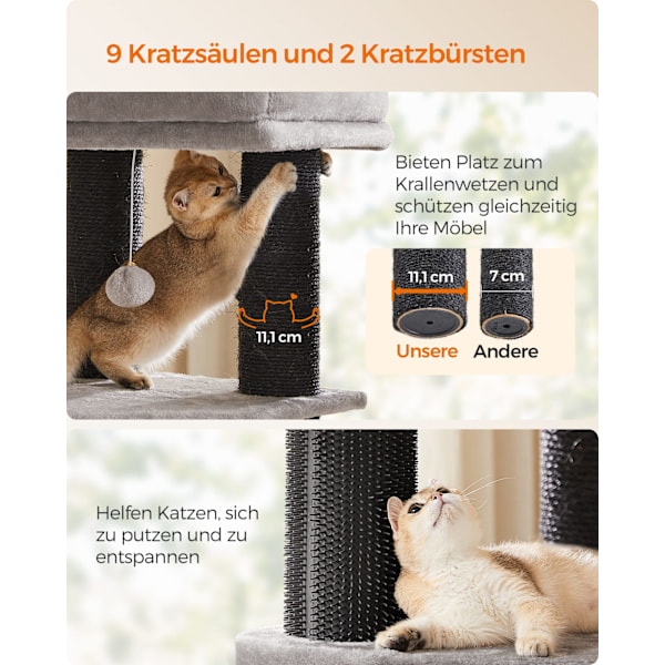 Feandrea kattetræ til store katte, Heavy Duty Cat Tower, 9 kradsetræer, grå og sort