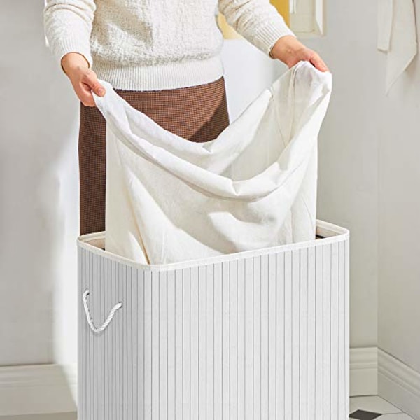 Songmics opdelt vasketøjskurv med låg, bambusvaskekurv med 2 sektioner, hvid