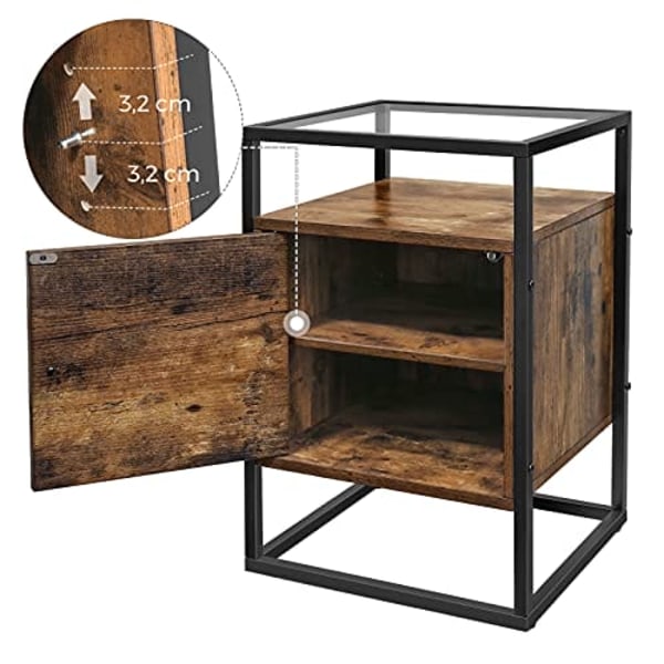 Vasagle natbord, sengebord, glas sidebord med skab, rustik brun