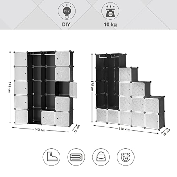 SONGMICS Garderob med 2 st klädskenor 180 x 145 x 37 cm Svart, 143 x 178 x 36 cm