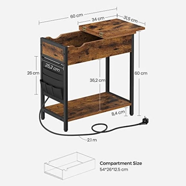 Vasagle sidebord, sammenklappeligt sengebord med stikkontakt, sammenklappelig bordplade, brun sort