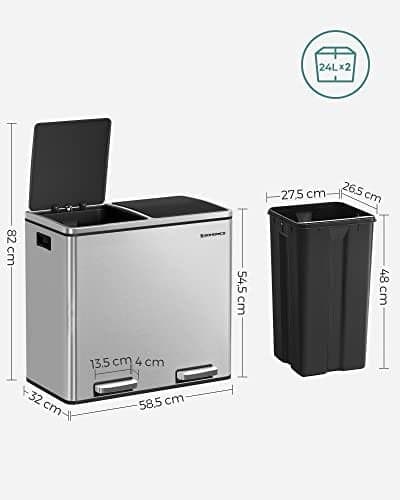 Songmics genbrugsspand, Double Trash Can, 2 x 24l, med 2 rum, sølv