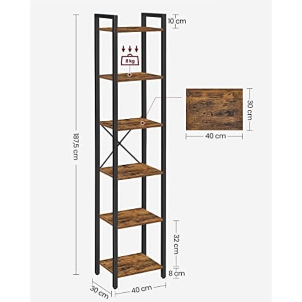 Vasagle bokhylla, 6-ters bokhylla, öppen förvaringshyllor, stående visningsställ, brun och svart