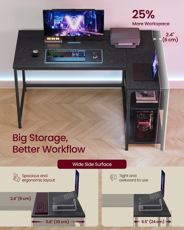 L-formet computerbord, hjørneskrivebord med opbevaring, 120 x 80 cm
