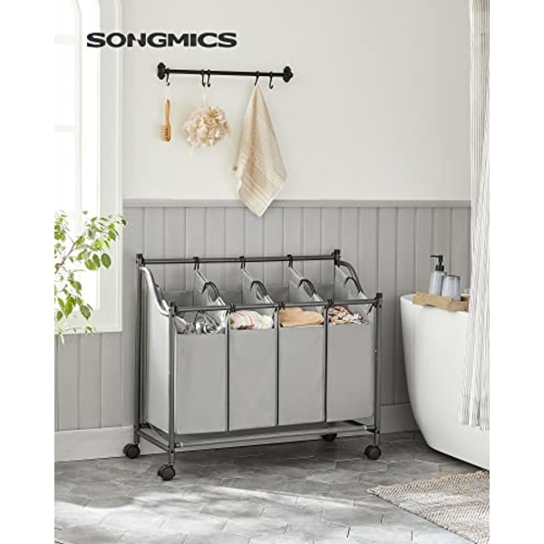Songmics rullende vasketøjssortering, vasketøjskurv med 4 aftagelige poser, vasketøjshammer, grå