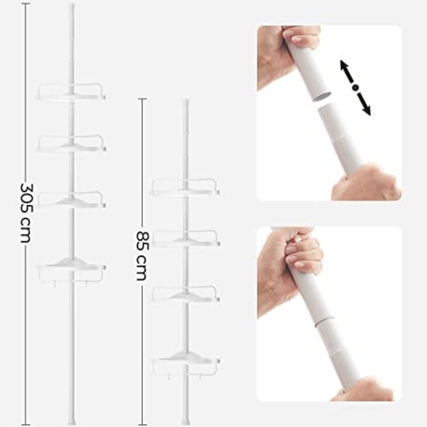 Songmics Justerbar badrumshörrehylla, teleskopisk dusch, 85-305 cm, golv till tak, vit