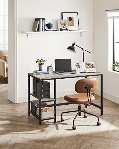 VASAGLE Computerbord, Skrivebord med 2 hylder, Stålramme, Greige og Sort