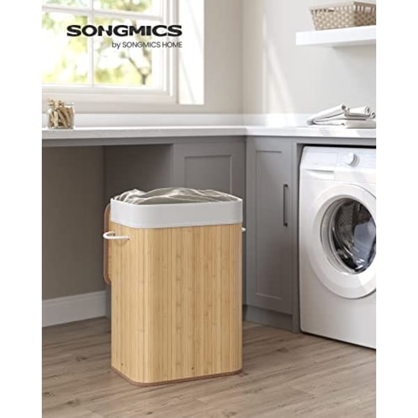 Songmics bambu tvättkorg, 72L fällbar tvätthamper, rektangulär 40 x 30 x 60 cm, naturlig