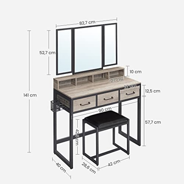 VASAGLE Sminkbord med vadderad pall, trippelspegel, 3 lådor, grå och svart