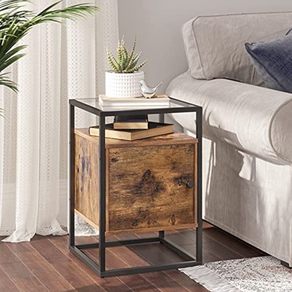 Vasagle natbord, sengebord, glas sidebord med skab, rustik brun
