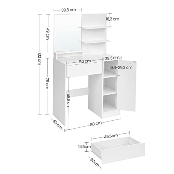 Vasagle toiletbord, sminkbord, forfængelighedsbord med spejl, 1 skuffe, 2 hylder, hvid