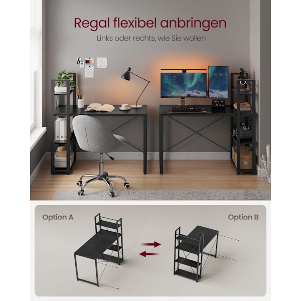 VASAGLE Computerbord, Skrivebord med opbevaringshylder, 120 cm bredt, Ebony Sort