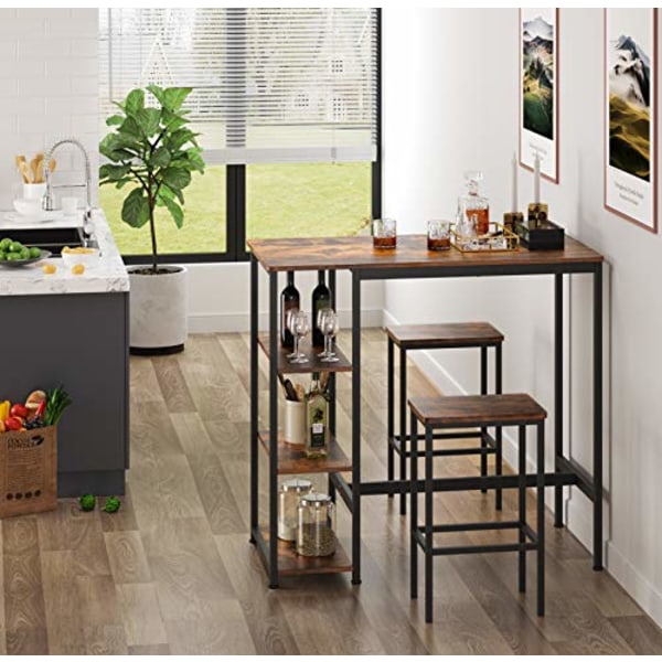 Vasagle barbord, køkkenbord, spisebord med 3 hylder, 109 x 60 x 100 cm, rustik brun