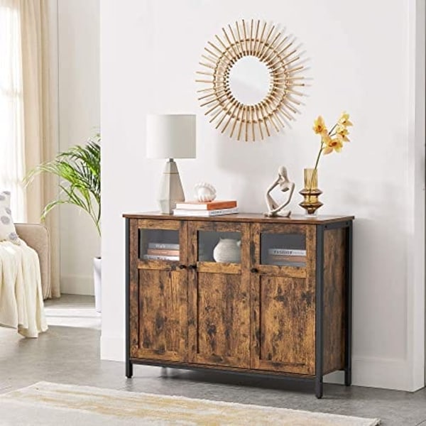 VASAGLE sideboard, buffébord, förvaringsskåp med glasdörrar, rustikt brunt och svart