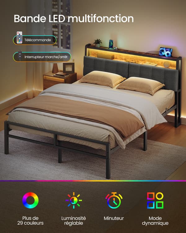 Sengeramme 140 x 190 cm med 2 skuffer, LED-belysning og ladestation