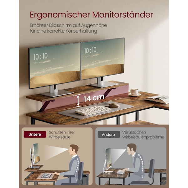 L-format Skrivbord med 2 Rymliga Lådor, Spelbord, För Hemmakontor, Rustik Brun