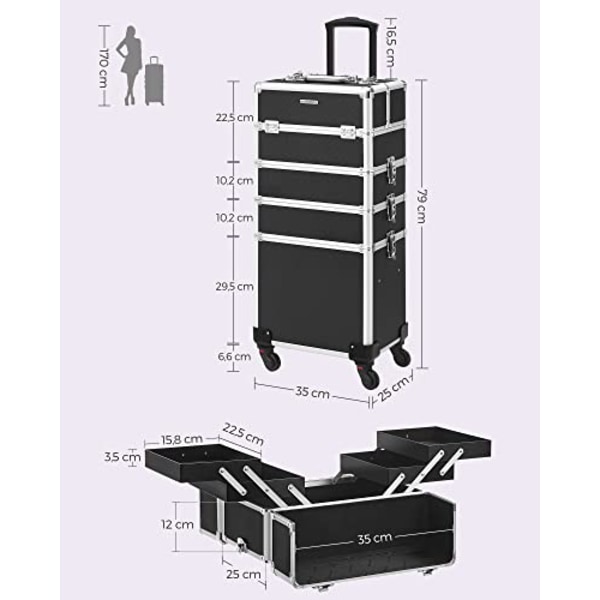 Songmics Professional makeup box, 4-i-1 Travel Beauty Trolley, Stor kosmetisk vagn, smink väska, Svart