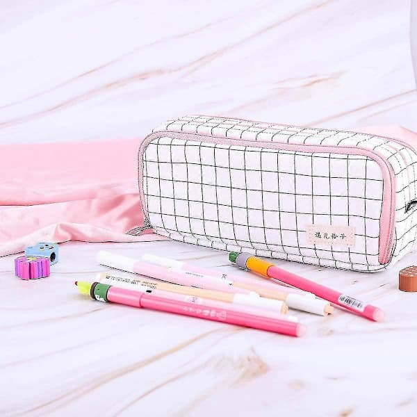 Homek Large Capacity Pencil Case, Linen Pencil Pouch, 3 Zipper Compartments, Makeup Pen Bag for Students, Girls 21*5*8.5 cm, Grid Pattern