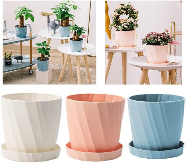 Sæt med PP-blomsterpotter med underskåle (3 dele) – Hvid + Rosa + Blå, Kantdiameter: 13,8 cm