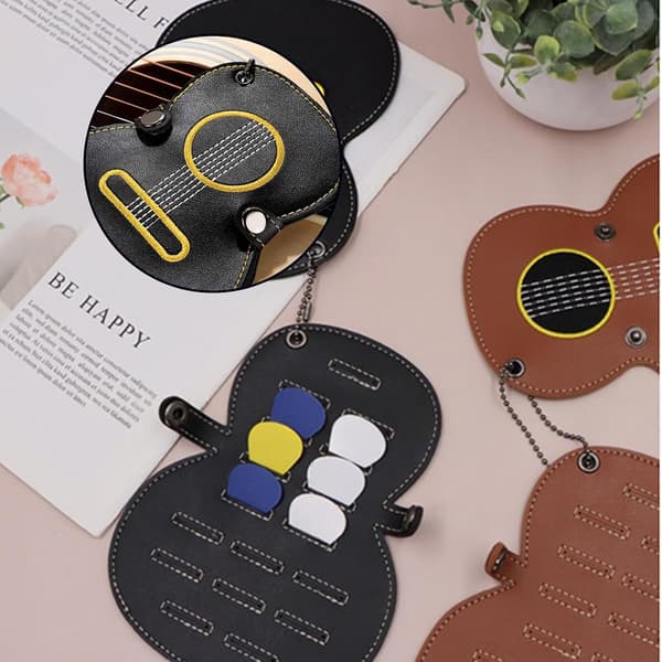 Guitar Shaped Pick Case with 17 Slots Leather Pick Holder